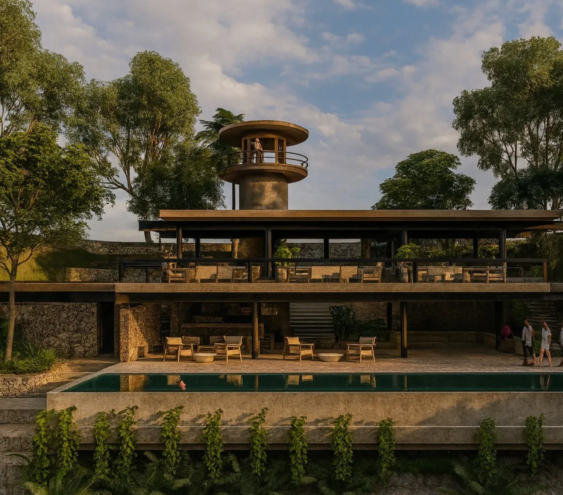 Club house de Eco Dorado entre la vegetación, al atardecer